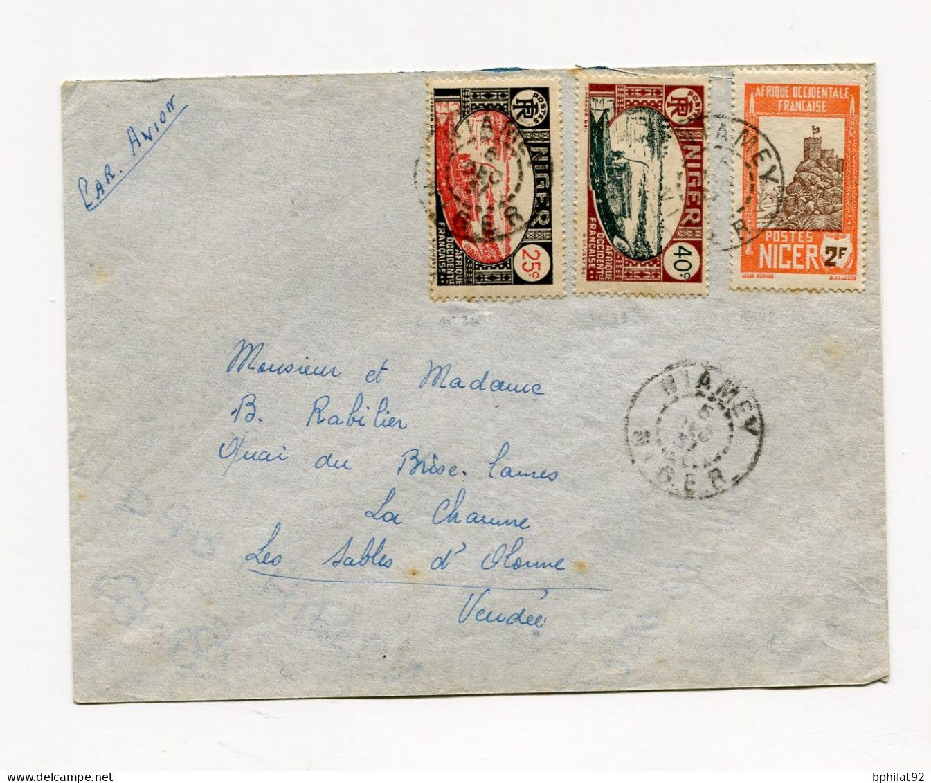 !!! NIGER, LETTRE PAR AVION DE NIAMEY POUR LES SABLES D'OLONNE DU 5/12/1937 - Cartas & Documentos