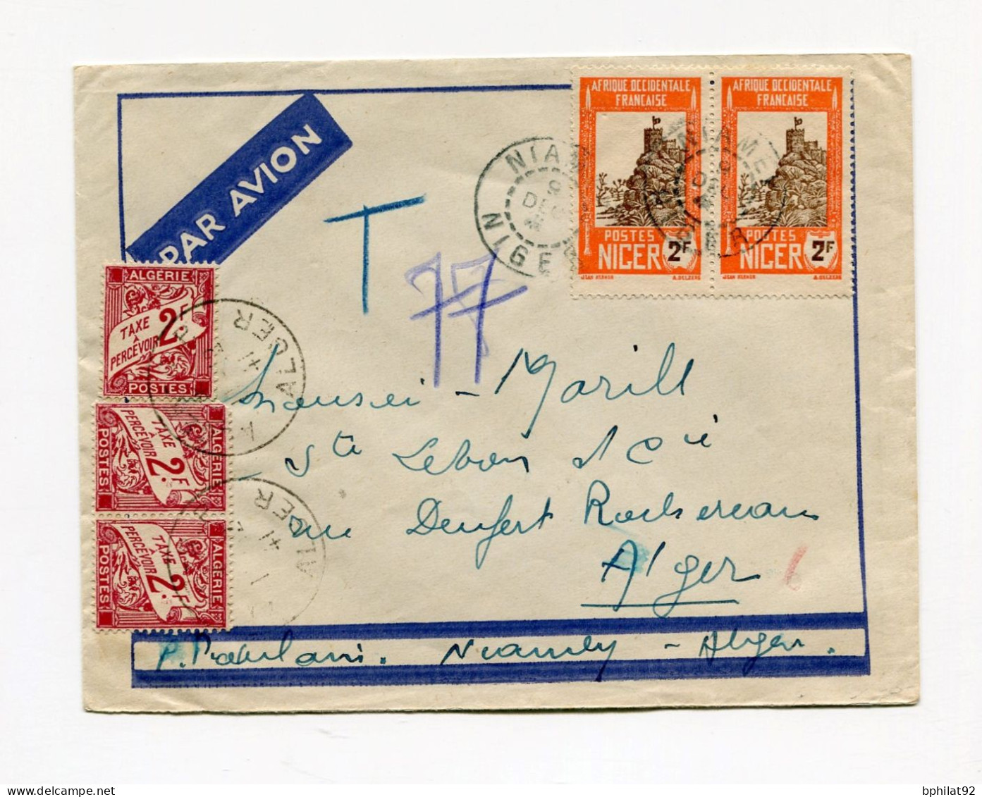 !!! LETTRE PAR AVION DE NIAMEY POUR ALGER DE 1941 TAXEE A L'ARRIVEE EN ALGERIE - Covers & Documents