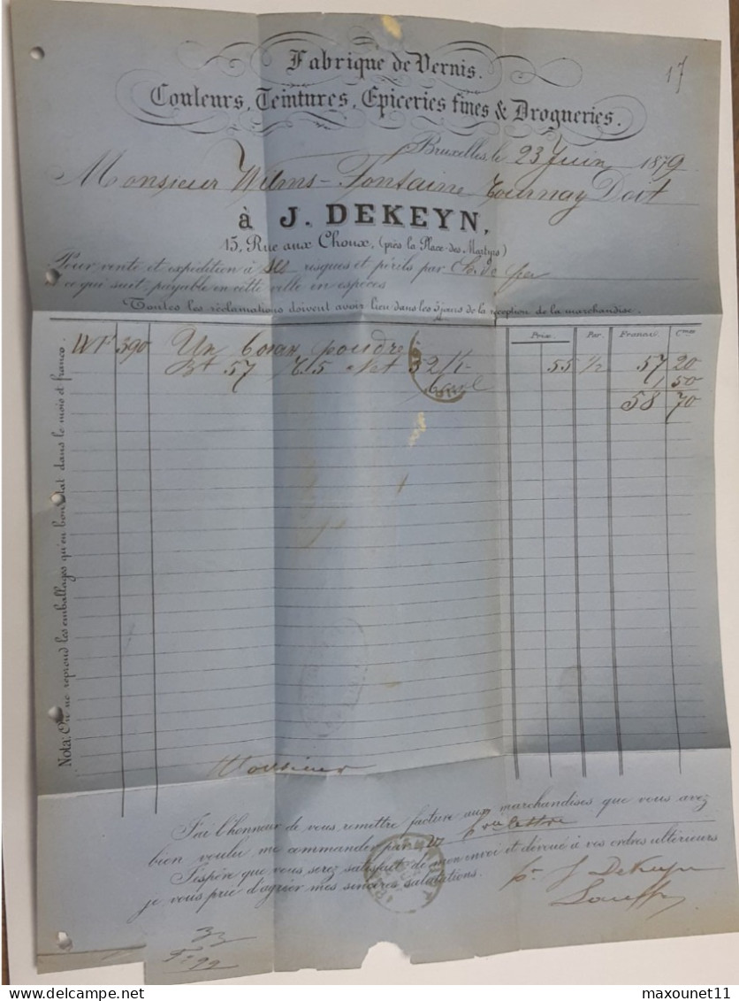 Lettre - Facture De 1879 De La Fabrique De Vernis De Keyn à Tournay - Tournai .. Lot415 . - 1800 – 1899