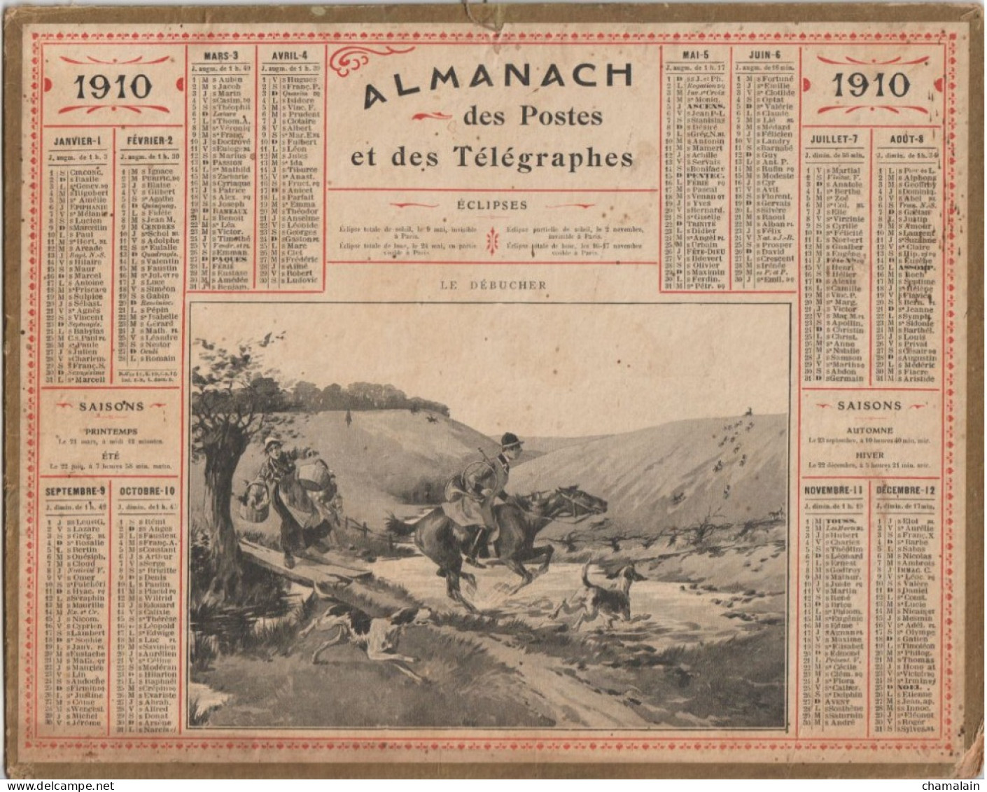 ALMANACH DES POSTES ET TELEGRAPHES Année 1910 -  " Le Débucher " (bords Dorés) - Tamaño Grande : 1901-20