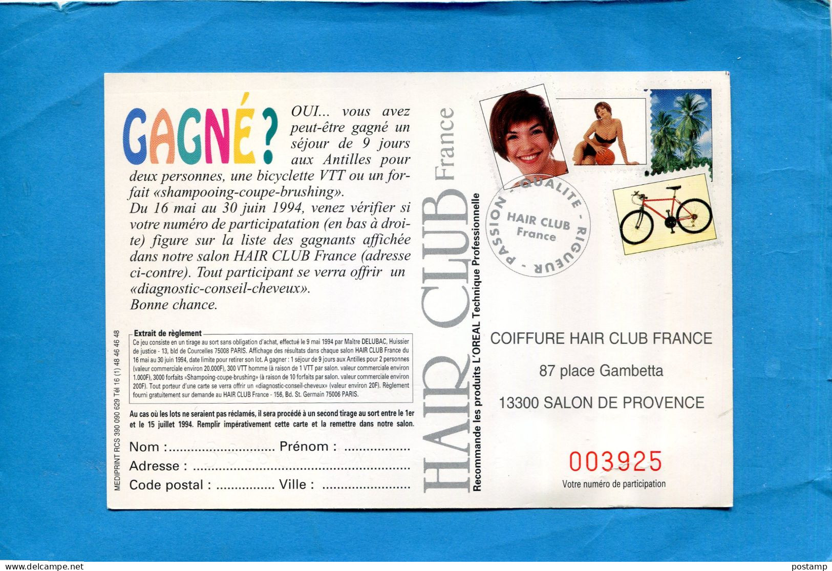 Carte- Pseudo Entier Postal Pub Coiffure Hair Club Numéroté-4 Pseudos Timbres  Vélo-coiffure+paysage - Privatganzsachen