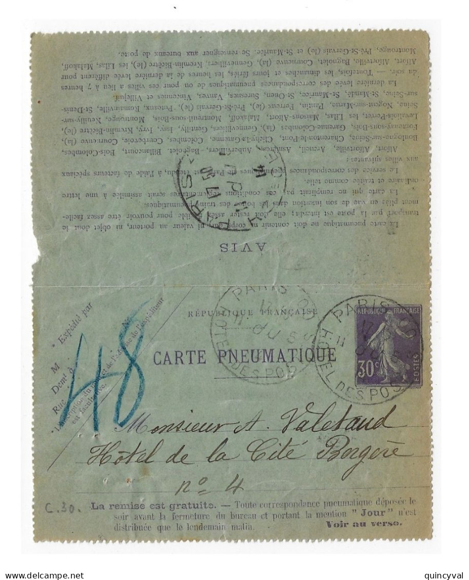 PARIS Hotel Des Postes Carte Lettre Pneumatique 30c Semeuse Violet Yv CLPP5 Date 33? Ob 11 5 1914 - Pneumatiques