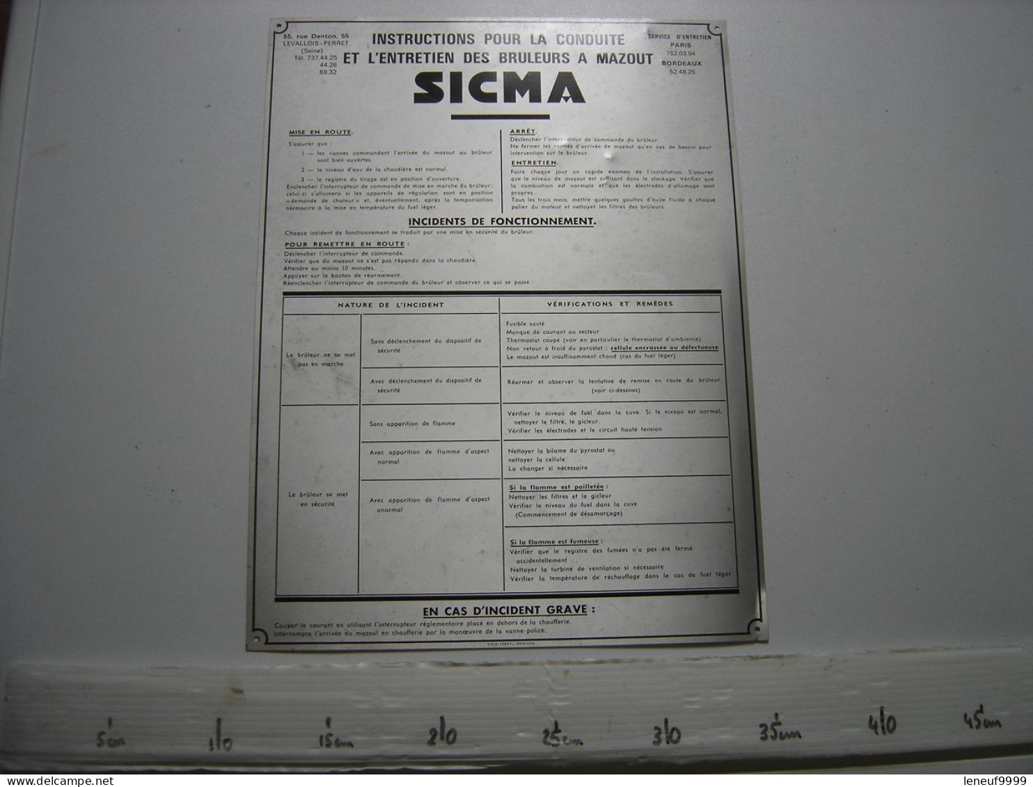 Plaque Aluminium SICMA Instruction Et Entretien Brûleur à Mazout Ancien - Other Apparatus