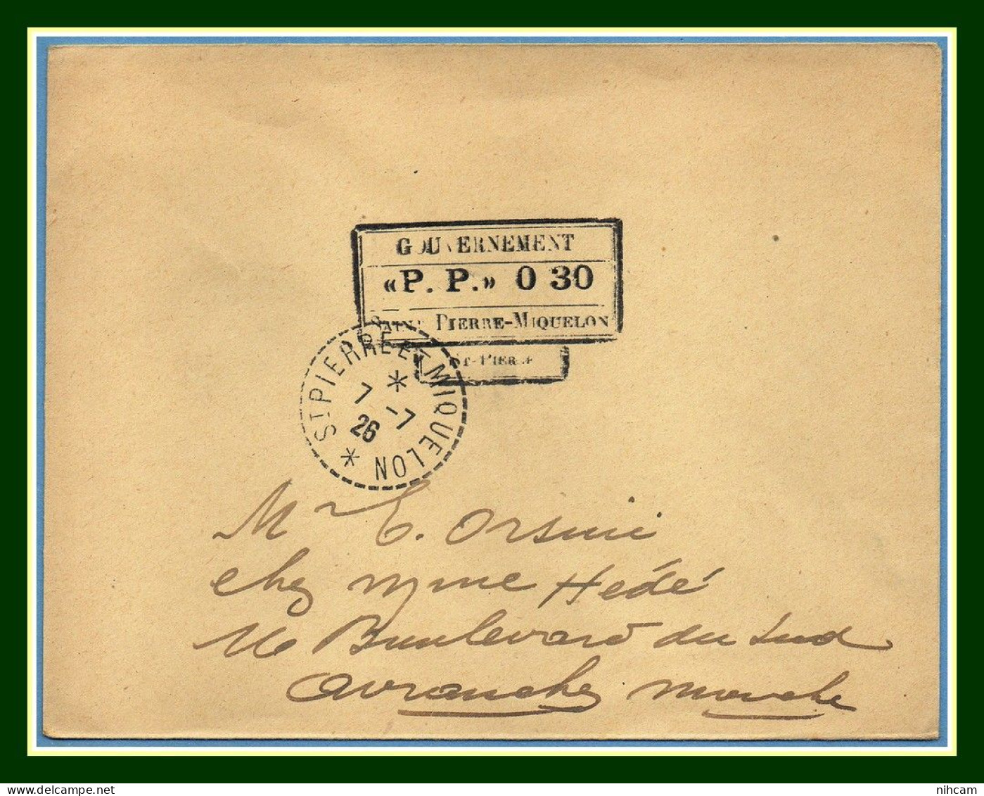 Saint Pierre Et Miquelon Gouvernement  P.P. 0 30 Type B4 St Pierre 1926 > France Avranches - Cartas & Documentos