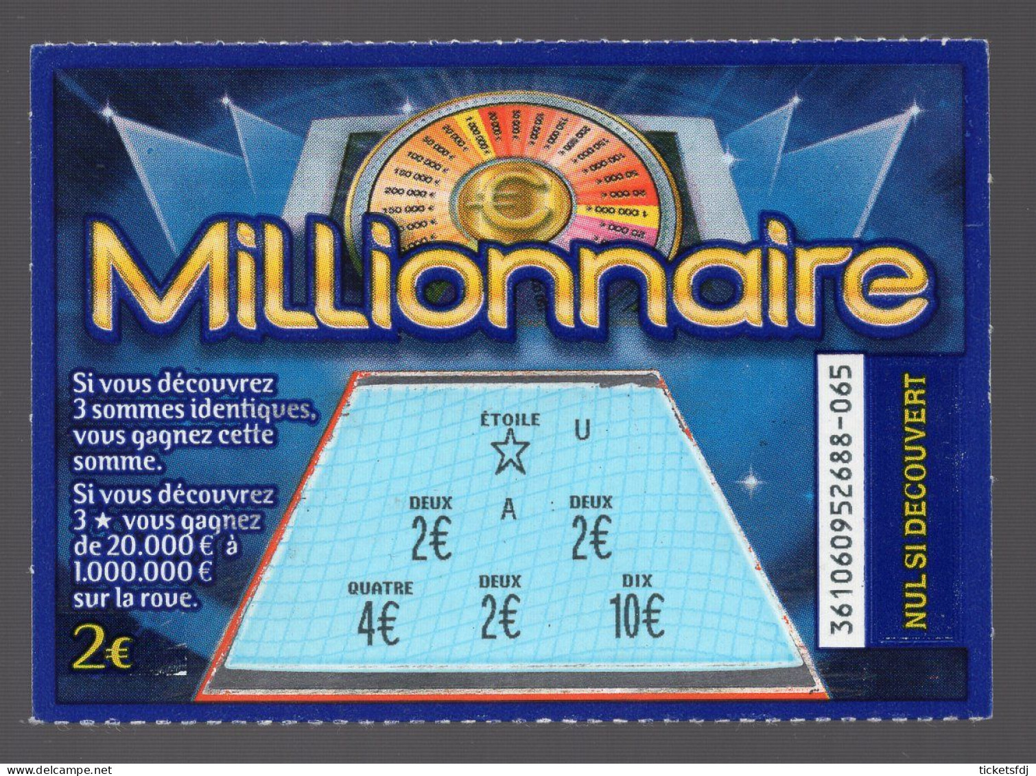 Billets de Loterie - grattage FDJ - MILLIONNAIRE 36106 trait bleu - ticket  gagnant (non encaissable) - FRANCAISE DES JEUX