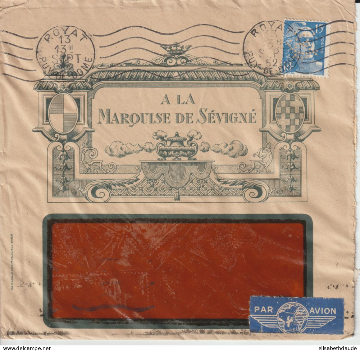 1952 - GANDON PERFORE / PERFIN - ENVELOPPE PUB ILLUSTREE "A LA MARQUISE DE SEVIGNE" ! à ROYAT (PUY DE DOME) => ALGERIE - Covers & Documents