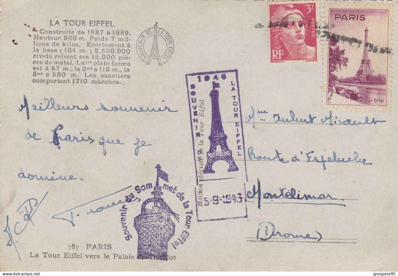 PARIS TOUR EIFFEL CACHETS SOUVENIR 1946 + TIMBRE + TIMBRE GANDON 3F - Eiffelturm