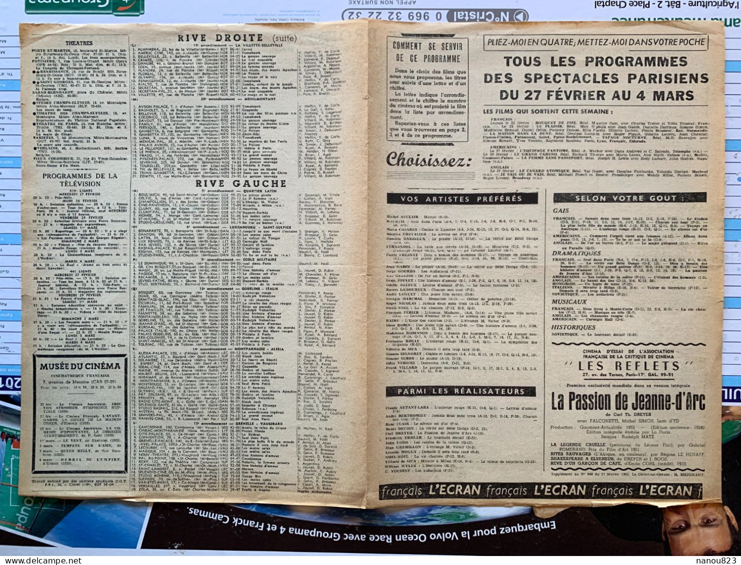 1952 PROGRAMME L'ECRAN FRANCAIS TOUS LES PROGRAMMES DES SPECTACLES PARISIENS PAR ARRONDISSEMENT RIVE DROITE RIVE GAUCHE - Programmes