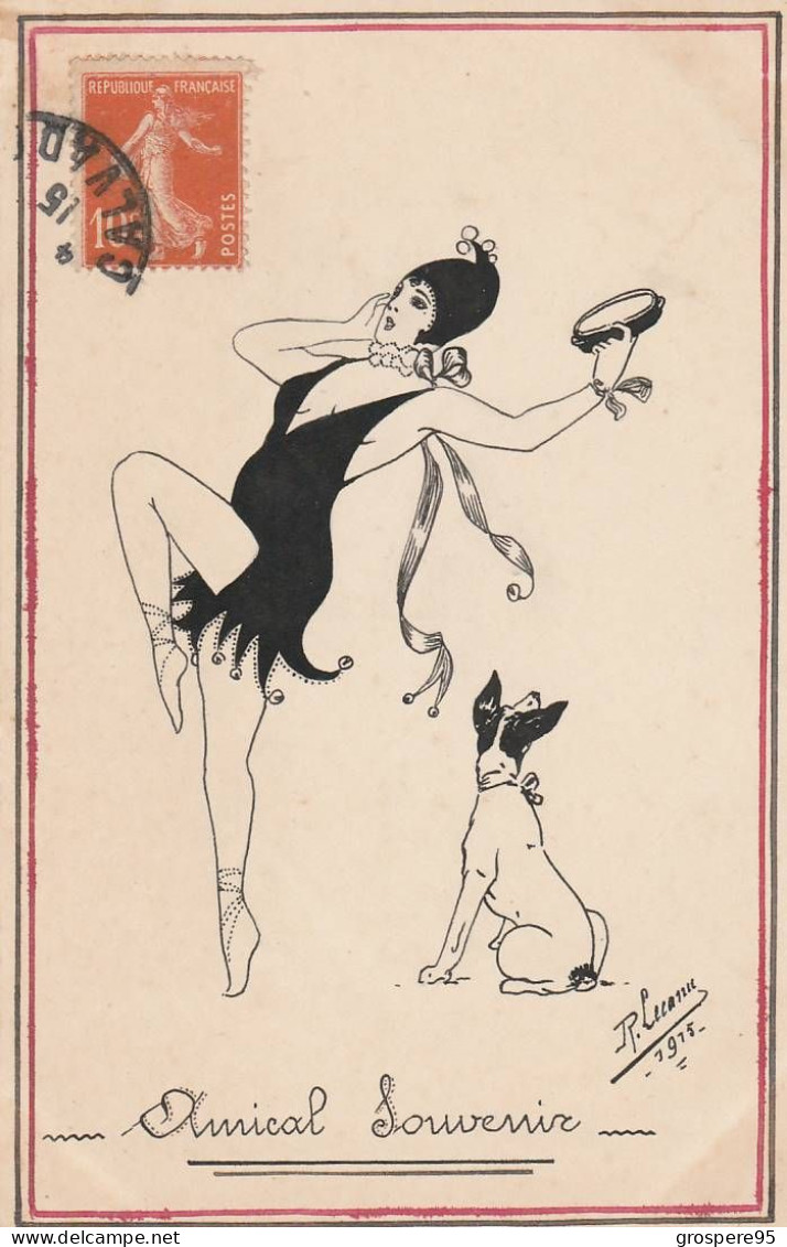 FEMME DANSEUSE AVEC TAMBOURIN A CLOCHETTES + CHIEN SIGNEE R LECANU 1915 ECRIT EN STENO BAYEUX - Autres & Non Classés