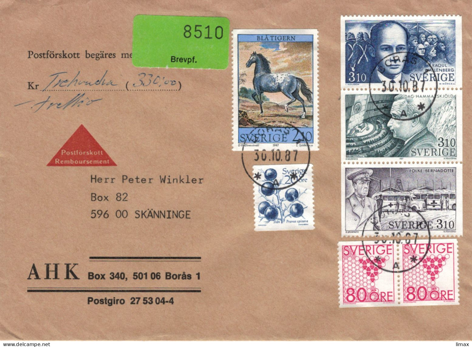 Boras 1987 - Blatigern Pferd - Raoul Wallenberg - Dag Hammarskjöld - Folke Bernadotte Vgl. UNTSOP - P. Spinosa - Chemie - Storia Postale