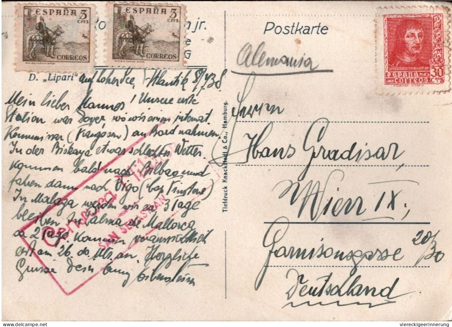 ! Alte Ansichtskarte Dampfer Lipari In Hamburg, Gelaufen 1938 Spanien, Zensurstempel San Sebastian, Censure, Censor Wien - Covers & Documents