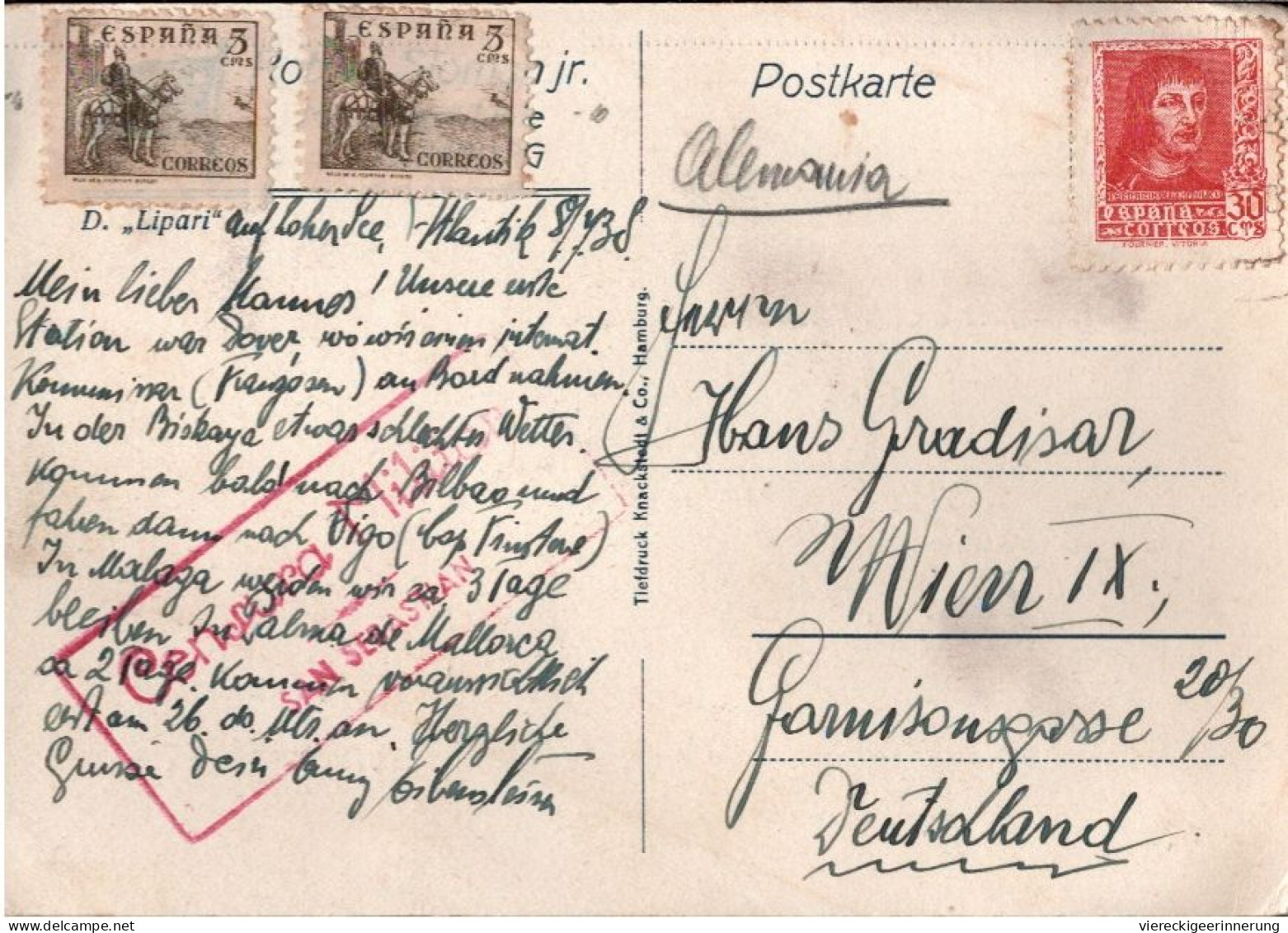 ! Alte Ansichtskarte Dampfer Lipari In Hamburg, Gelaufen 1938 Spanien, Zensurstempel San Sebastian, Censure, Censor Wien - Briefe U. Dokumente