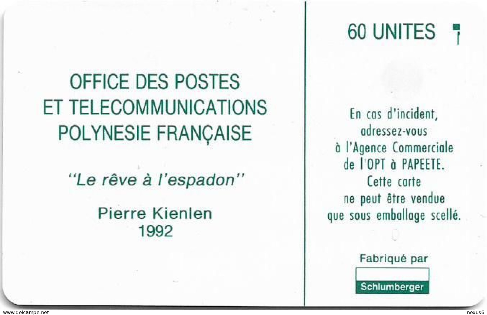 French Polynesia - OPT - Le Rêve à L'Espadon - SC5, Cn. 00019, Matt Finish, 02.1993, 60Units, Used - Polynésie Française