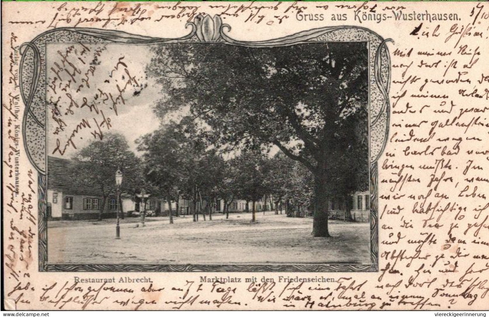 ! 1901 Alte Jugendstil Ansichtskarte Gruss Aus Königs-Wusterhausen, Restaurant Albrecht, Marktplatz Mit Friedenseichen - Königs-Wusterhausen