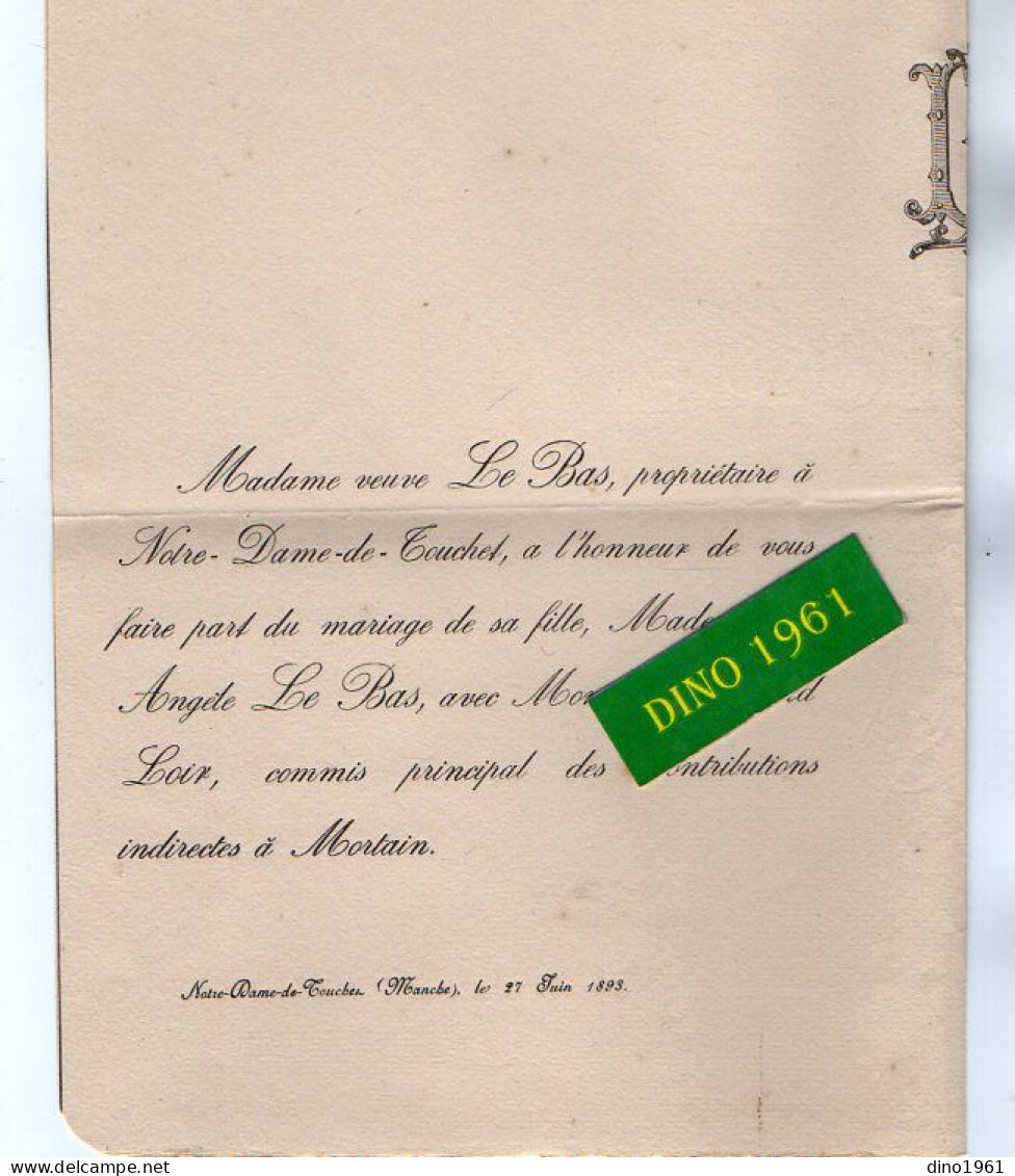 VP21.792 - NOTRE DAME DE TOUCHET X CARNET 1893 - Faire - Part De Mariage De Mr ARMAND LOIR Avec Melle Angèle LE BAS - Wedding