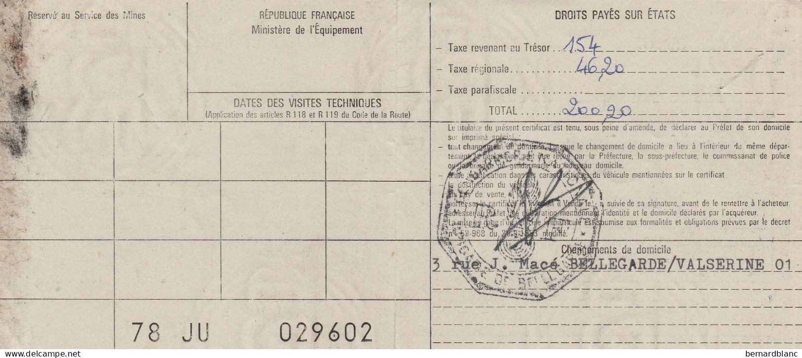 CARTE GRISE - RECIPISSE DE DECLARATION - FISCAL - FISCAUX - VOITURE  CHRYS  SIMCA - Voitures