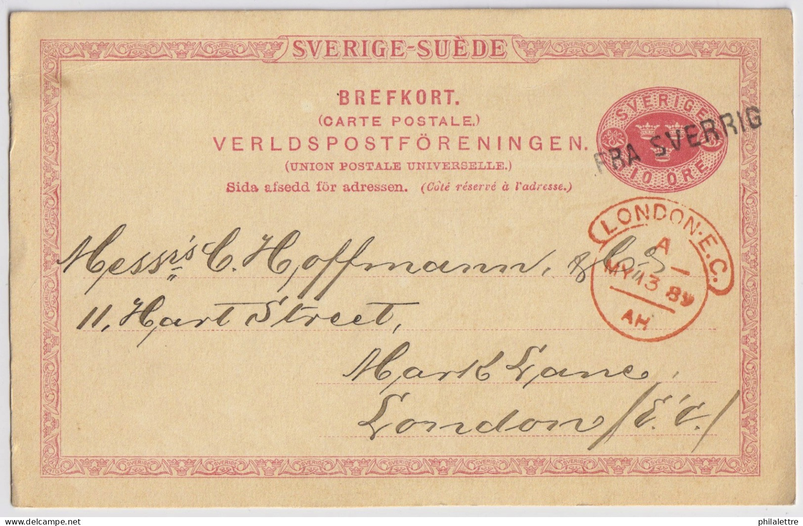 SUÈDE / SWEDEN - 1889 "FRA SVERRIG" Straight Line Cancel (Danish) On Postal Card Mi.P20A From Gothenburg To London - Enteros Postales