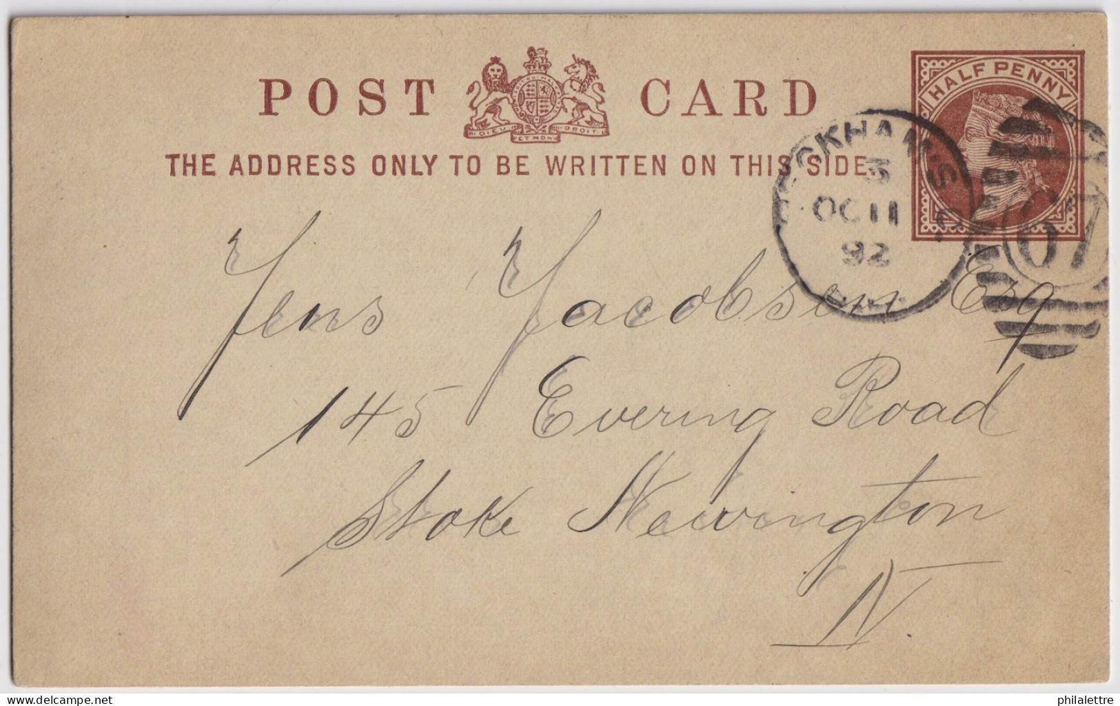 GB -1892 - 1/2d Postal Card (thick) Mi.P7b Used "PECKHAM S.O. /S.E." Duplex (London Suburban Off. 67) To Stoke Newington - Postwaardestukken