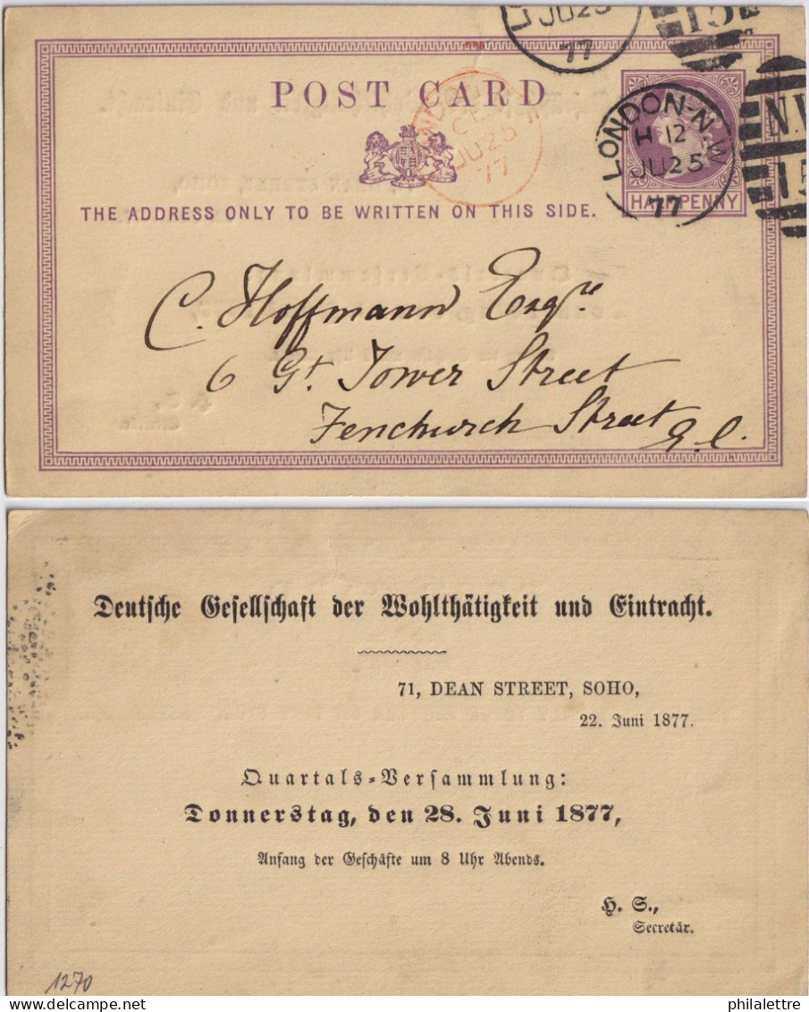 GB - 1877 - 1/2d Lilac Re-Printed Postal Card Mi.P2 Cancelled LONDON NW Duplex (NW15) To London E.C. - Luftpost & Aerogramme
