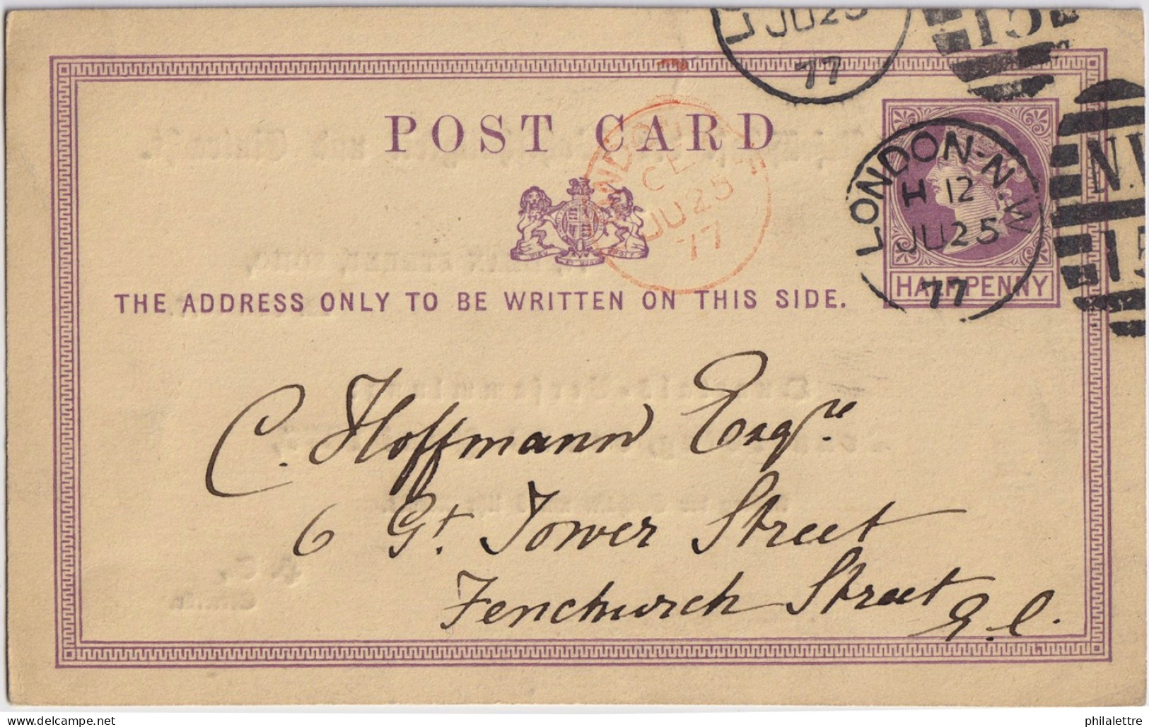 GB - 1877 - 1/2d Lilac Re-Printed Postal Card Mi.P2 Cancelled LONDON NW Duplex (NW15) To London E.C. - Material Postal