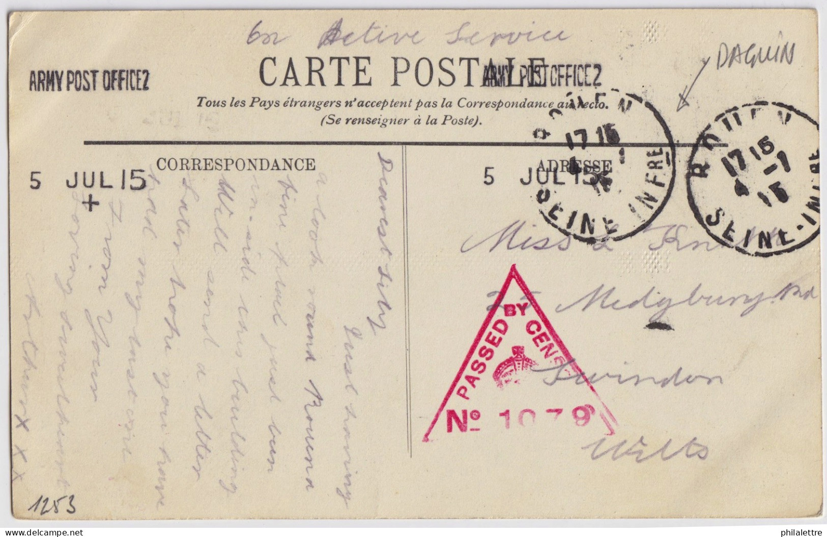 FRANCE / GB - 1915 British APO 2 Postmark On Censored French Post Card Froma British Soldier In Rouen To Swindon, UK - Lettres & Documents