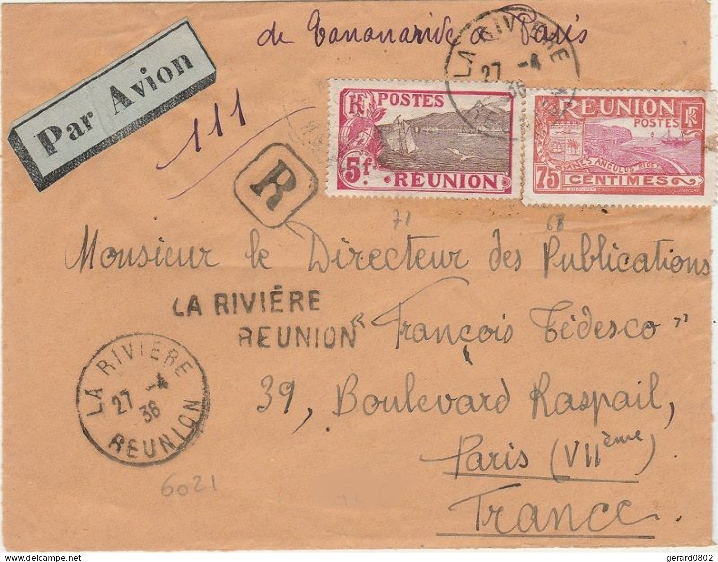 REUNION - Lettre Recommandée Par Avion De LA RIVIERE à Destination De PARIS - Briefe U. Dokumente