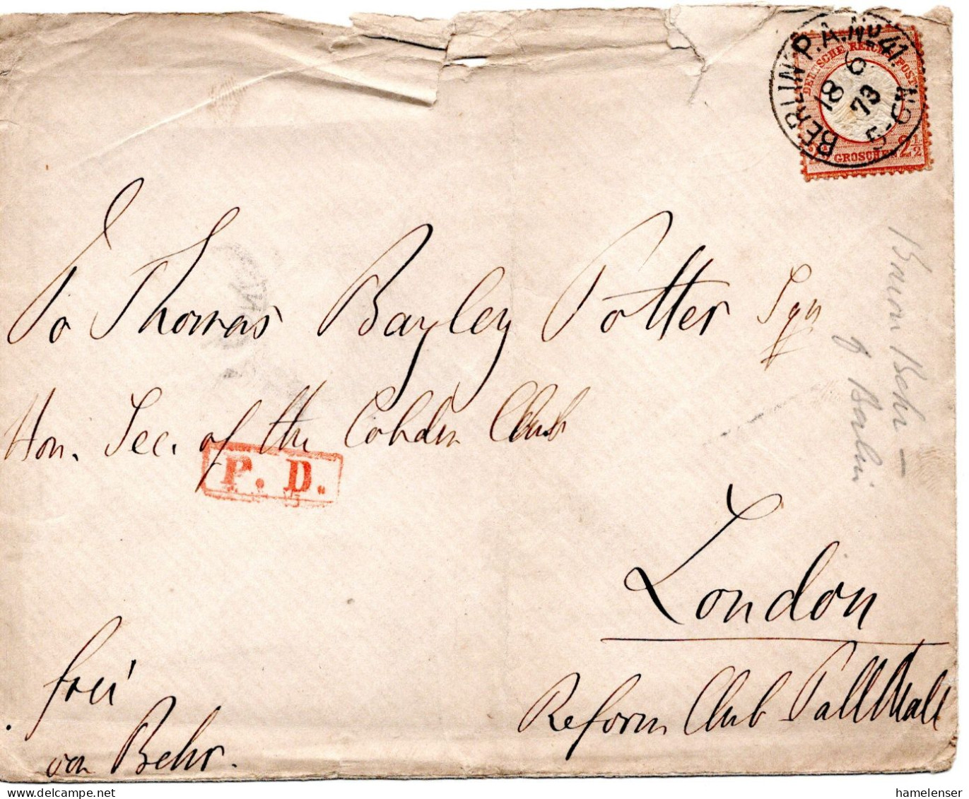 64542 - Deutsches Reich - 1873 - 2.5Gr Gr Schild EF A Bf BERLIN -> LONDON (Grossbritannien), Mgl - Cartas & Documentos