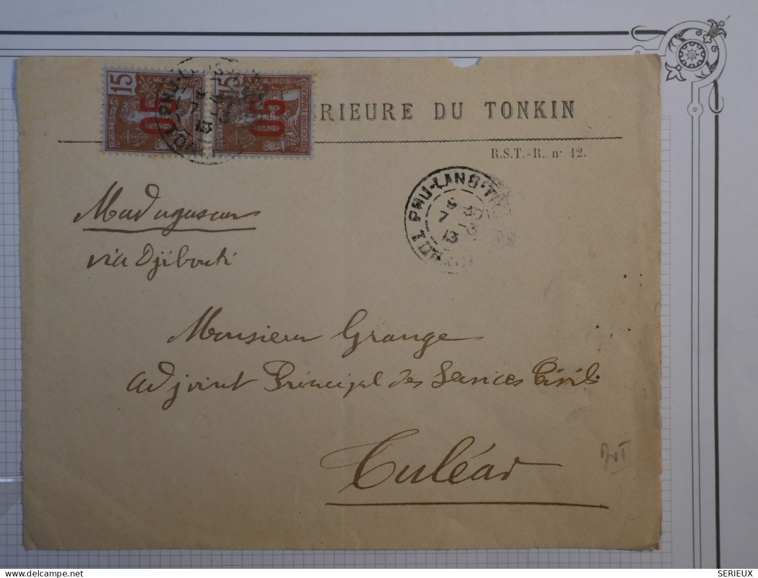 BP 16 INDO CHINE LETTRE DEVANT RRR  1913 FU LANG THO A MADAGASCAR  TULEAR VIA DJIBOUTI+AFFR. INTERESSANT++ - Storia Postale