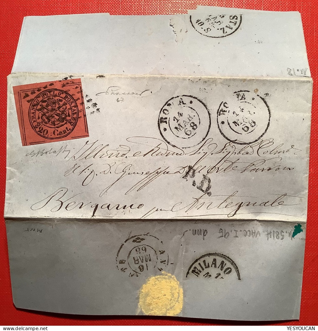 Stato Pontificio Sa.18 LUSSO ANGOLI DI FOGLIO (EX PROVERA)ROMA1868 Lettera>ANTEGNATE BERGAMO (Pontifical States XF Cover - Estados Pontificados