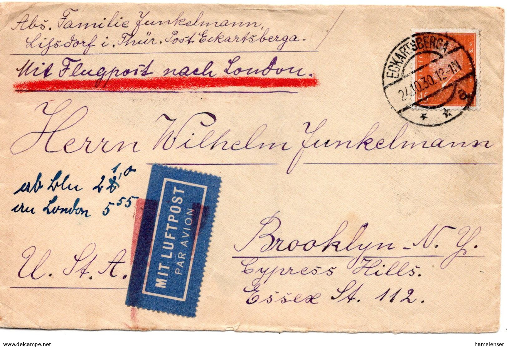 64565 - Deutsches Reich - 1930 - 45Pfg Ebert EF A LpBf ECKARTSBERGA -> London -> Brooklyn, NY (USA) - Covers & Documents