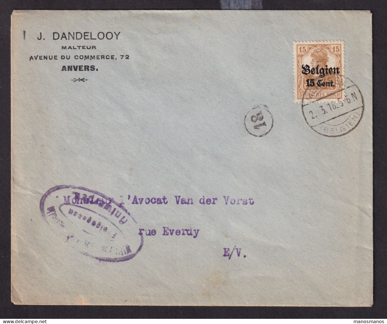 DDDD 823 -- MALTEUR - Enveloppe TP Germania MERKSEM 1918 - Censure Antwerpen - Entete Dandelooy , Malteur - Bier