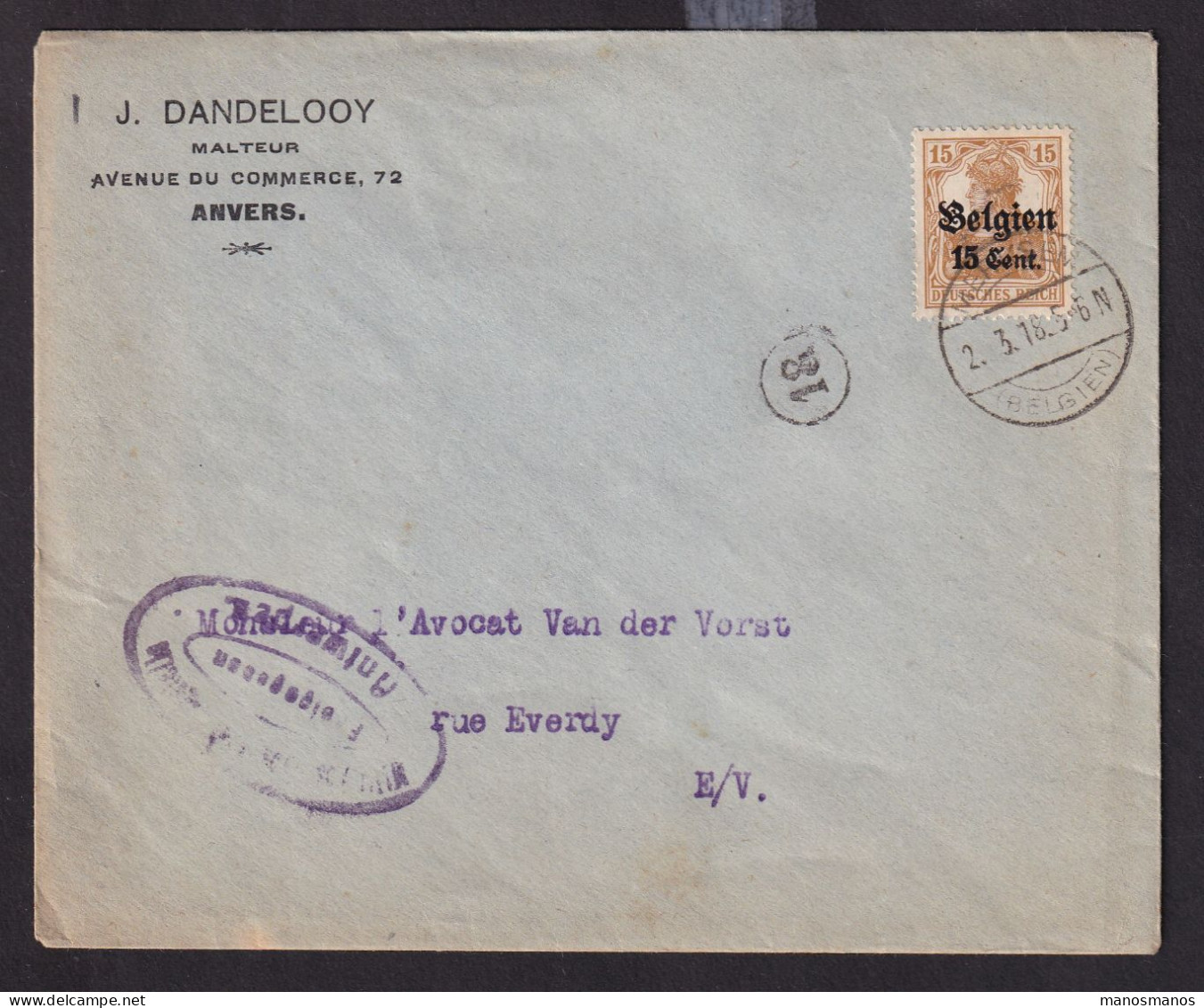 DDDD 823 -- MALTEUR - Enveloppe TP Germania MERKSEM 1918 - Censure Antwerpen - Entete Dandelooy , Malteur - Beers