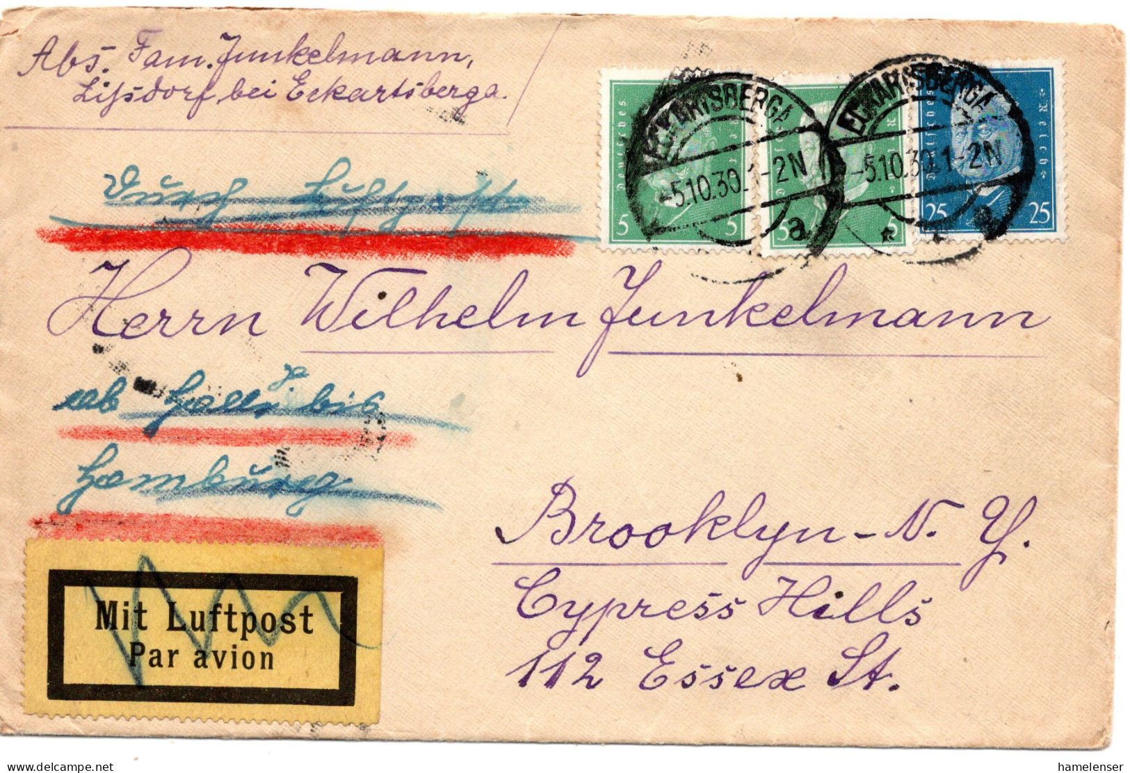 64566 - Deutsches Reich - 1930 - 25Pfg Hindenburg MiF A LpBf ECKARTSBERGA -> Hamburg -> Brooklyn, NY (USA) - Lettres & Documents