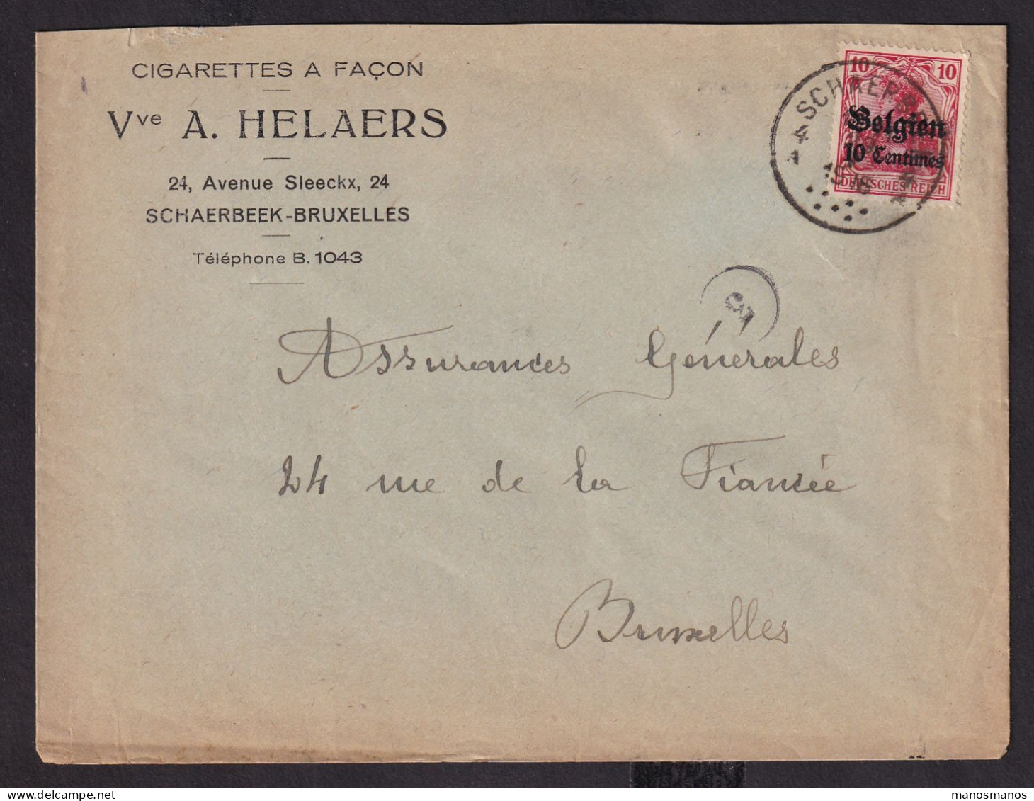 DDDD 826 -- TABAC - Enveloppe TP Germania SCHAERBEEK 1916 - Entete Cigarettes à Façon , Veuve Helaers - Tobacco