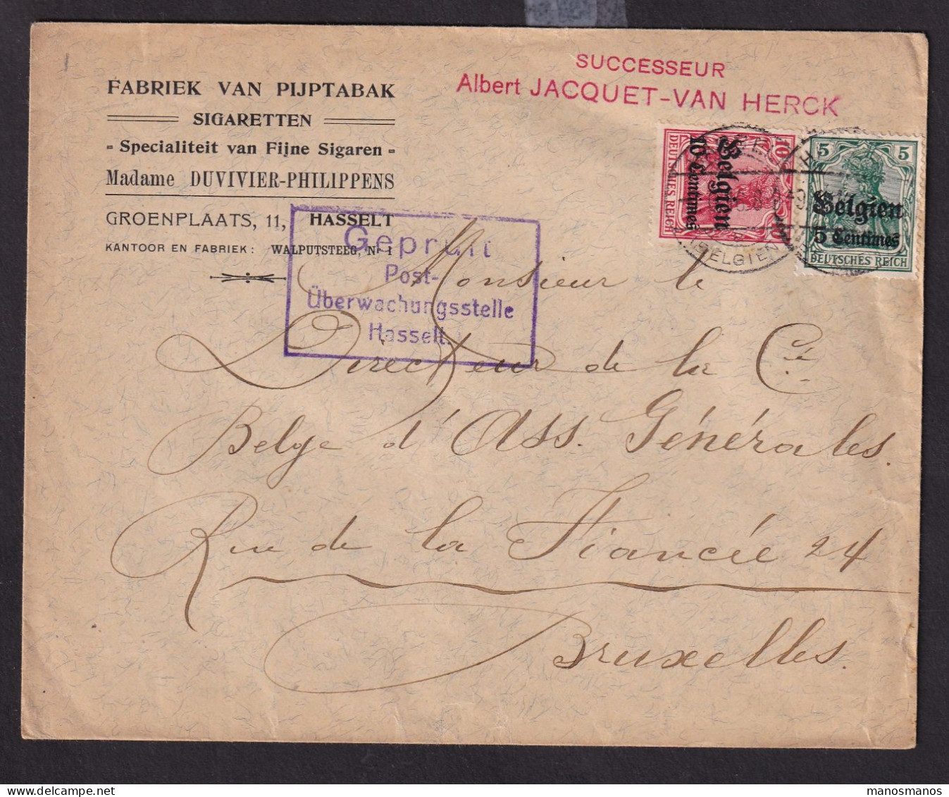 DDDD 827 -- TABAC - Enveloppe TP Germania HASSELT 1916 - Entete Fabriek Van Pijptabak , Sigaretten Jacquet (ex Duvivier) - Tabacco