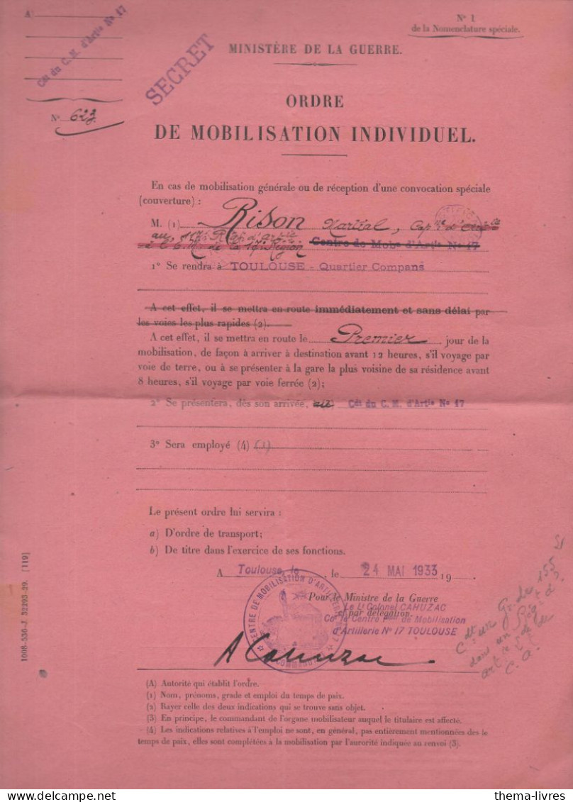 Toulouse (31) Ordre De Mobilisiation Individuel  1933 (PPP41276) - Documents