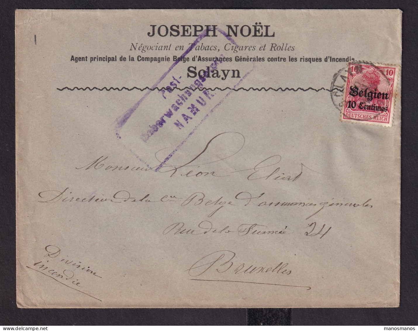 DDDD 828 -- TABAC - Enveloppe TP Germania SCLAYN WWI - Entete Joseph Noel , Négociant En Tabacs , Cigares Et Rolles - Tabaco