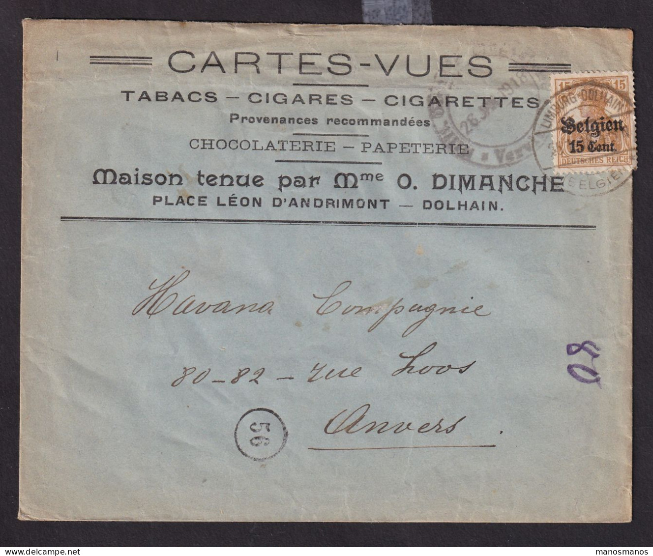 DDDD 829 -- TABAC - Enveloppe TP Germania LIMBURG-DOLHAIN 1916 - Entete Tabacs, Cigares, Cigarettes,  Mme Dimanche - Tabac
