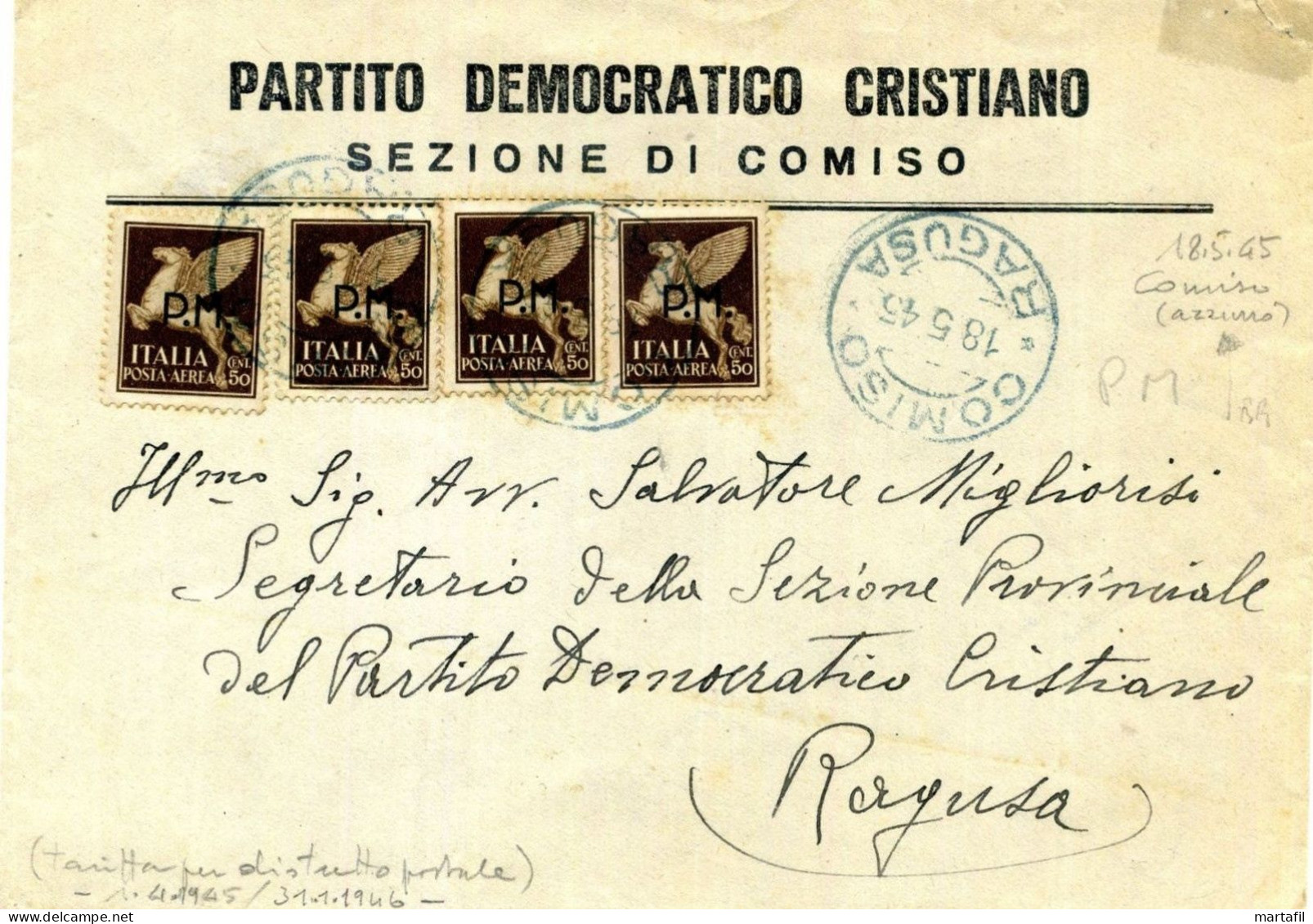 18-5-1945 REGNO Busta Annullo Azzurro COSIMO (RAGUSA) Affr. 50Cent X 4 PA Posta Militare SS N.14 - Poststempel