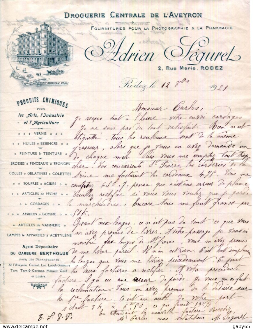 FACTURE.12.AVEYRON.RODEZ.DROGUERIE CENTRALE.FOURNITURES POUR PHOTOGRAPHIE & PHARMACIE.A.SEGURET 2 RUE MARIE - Perfumería & Droguería