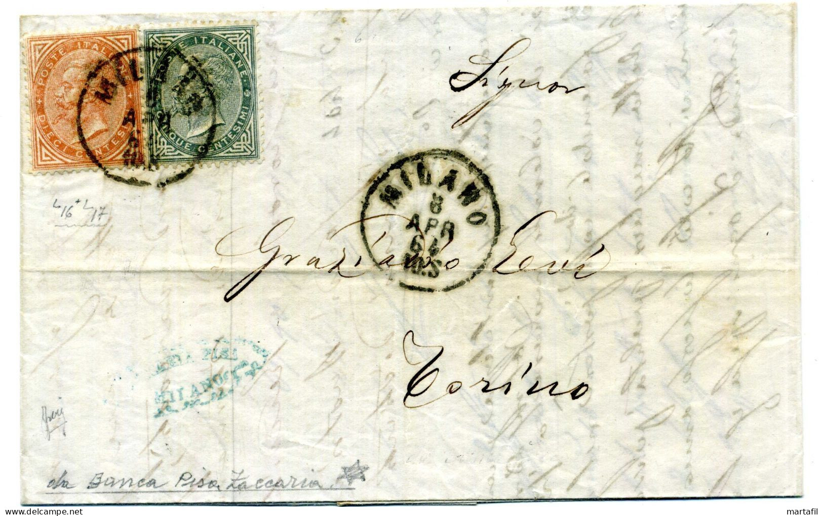 1864 Lettera Affr.L16+L17 Da Milano Per Torino, Banca Zaccaria Pisa - Marcofilía