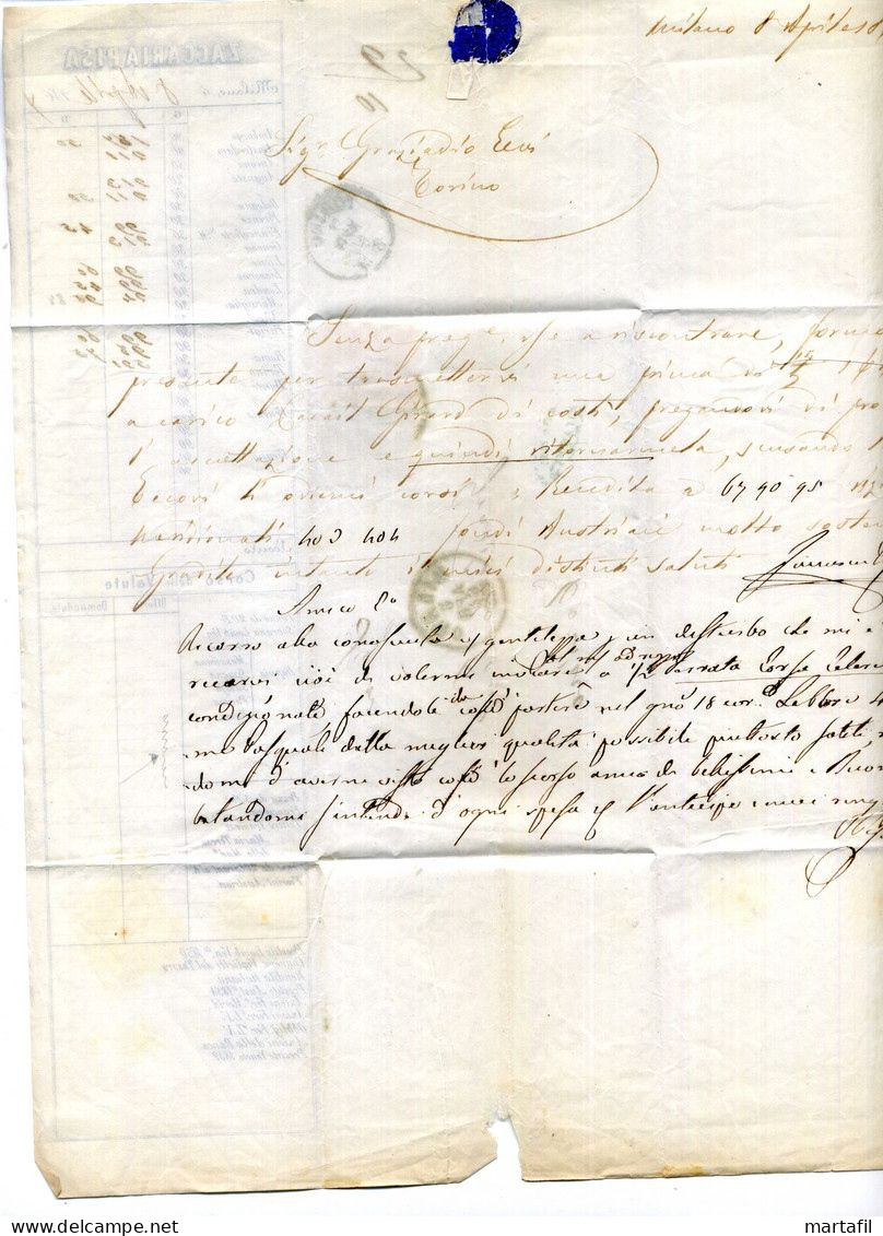 1864 Lettera Affr.L16+L17 Da Milano Per Torino, Banca Zaccaria Pisa - Storia Postale