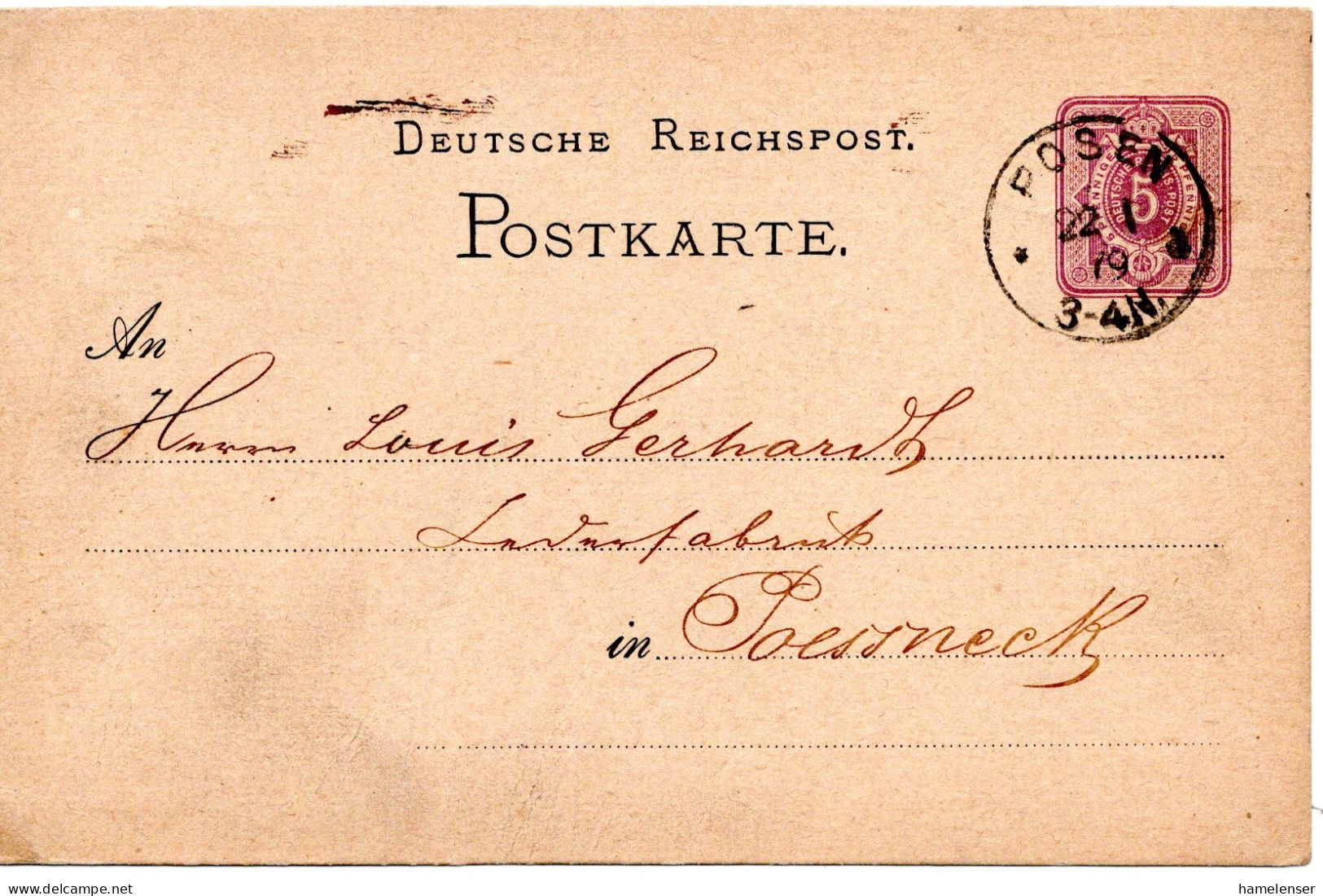 64580 - Deutsches Reich - 1879 - 5Pfg GAKte POSEN -> Poessneck - Covers & Documents