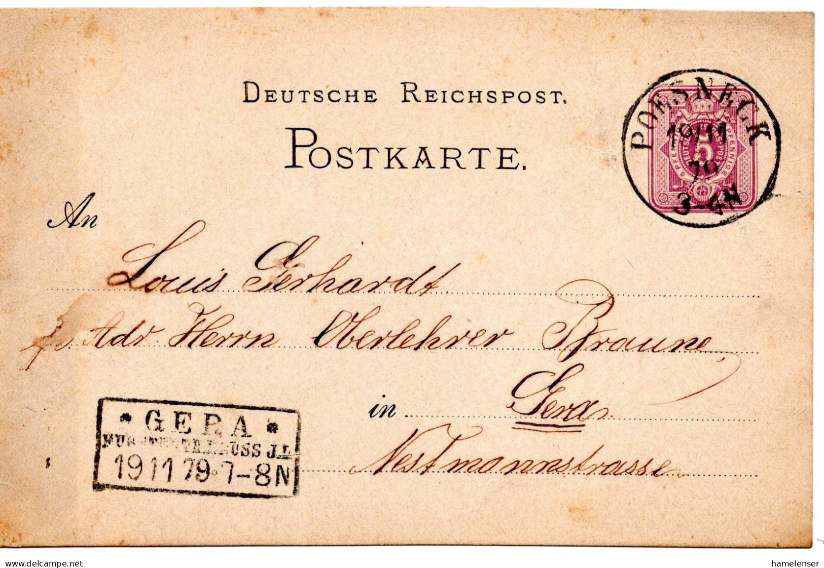 64581 - Deutsches Reich - 1879 - 5Pfg GAKte POESNECK -> GERA - Brieven En Documenten