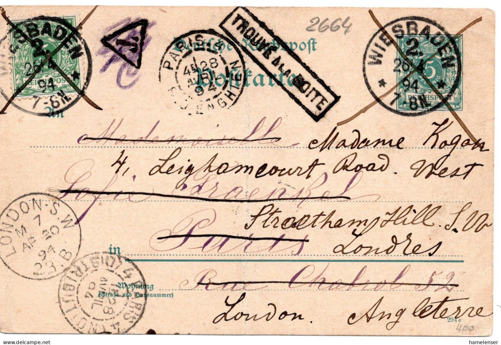 64589 - Deutsches Reich - 1894 - 5Pfg Adler & Krone GAKte M ZusFrankatur WIESBADEN -> PARIS, Nachges Nach LONDON (GB) - Storia Postale