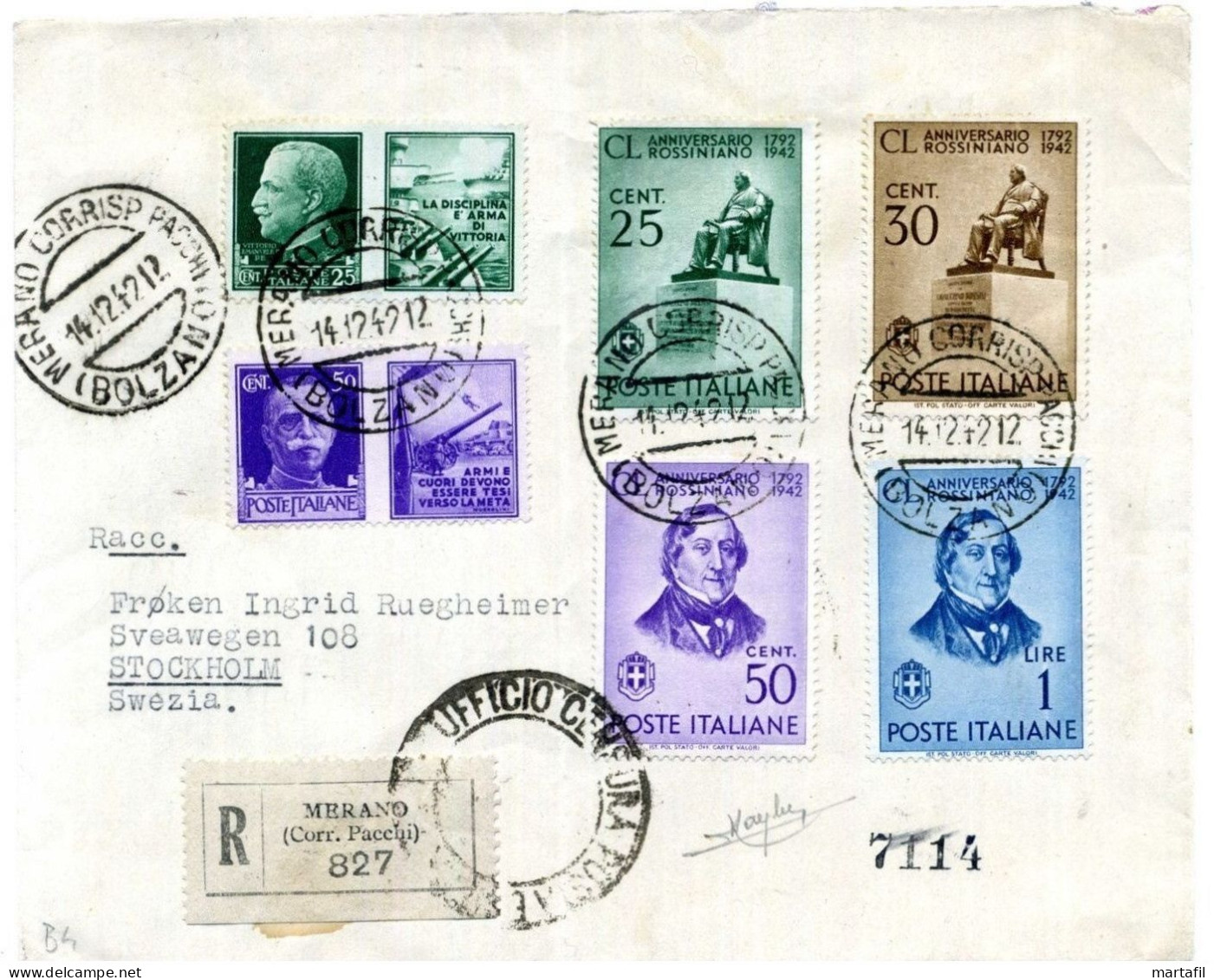 1942 MERANO, BOLZANO, STOCCOLMA SVEZIA Raccomandata S.466/469 Firmata - Poststempel