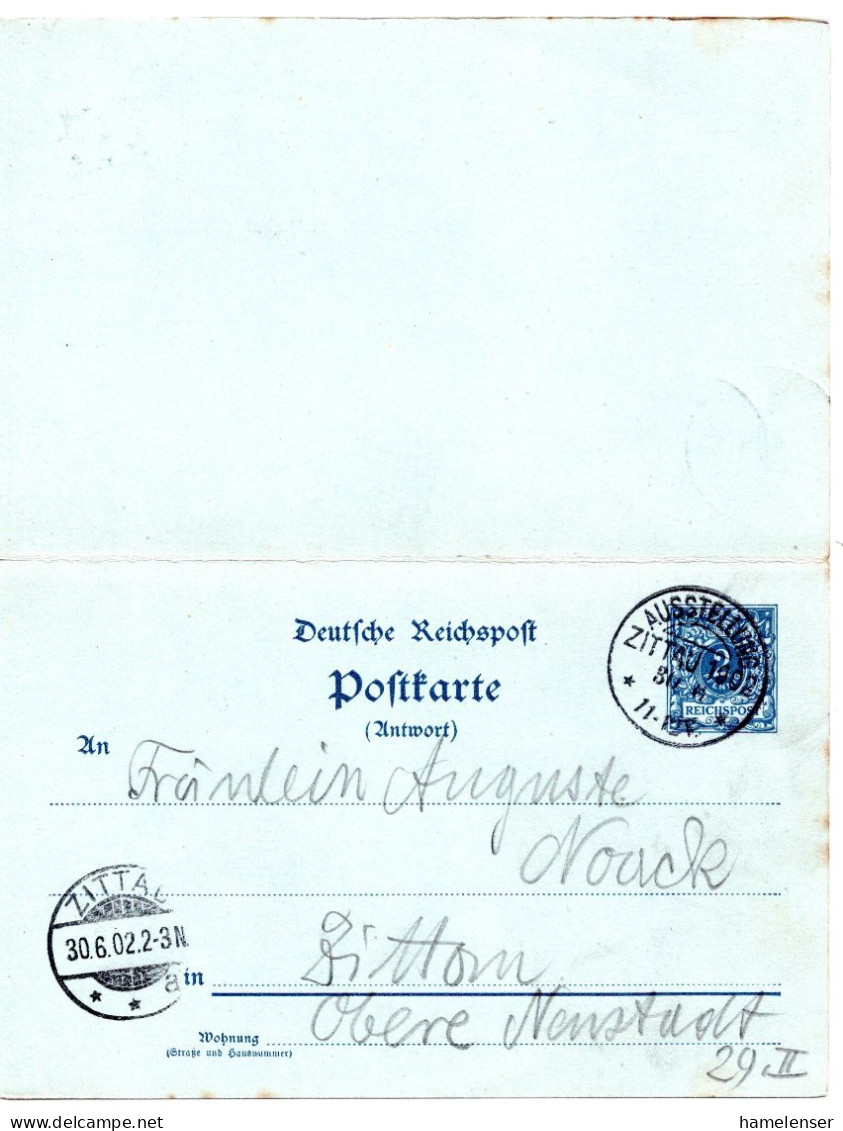 64592 - Deutsches Reich - 1902 - 2Pfg Adler & Krone GAAntwKte ZITTAU - AUSSTELLUNG, Beide Teile Gelaufen - Briefe U. Dokumente