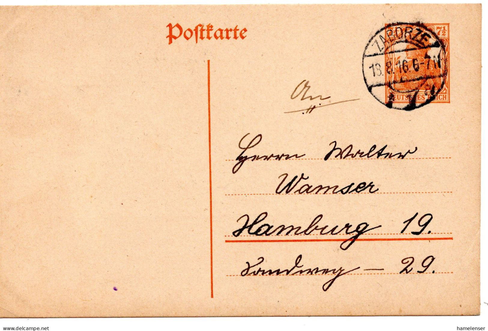 64599 - Deutsches Reich - 1916 - 7,5Pfg Germania GAKte ZABORZE -> Hamburg - Brieven En Documenten