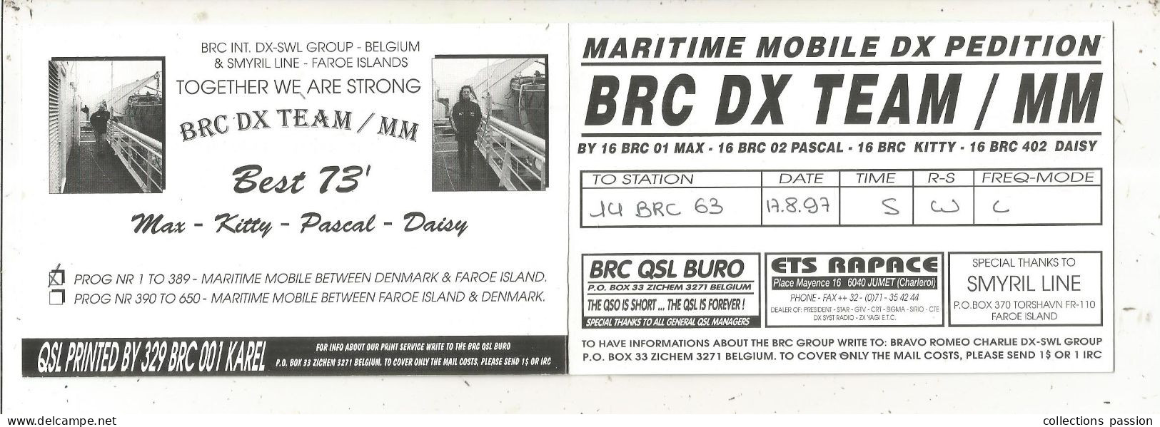 Cp , Carte QSL 4 Pages,  BRAVO ROMEO CHARLIE, International DX - SWL Group Belgium, Bateau ,SMYRIL-LINE,  2 Scans - Radio Amatoriale