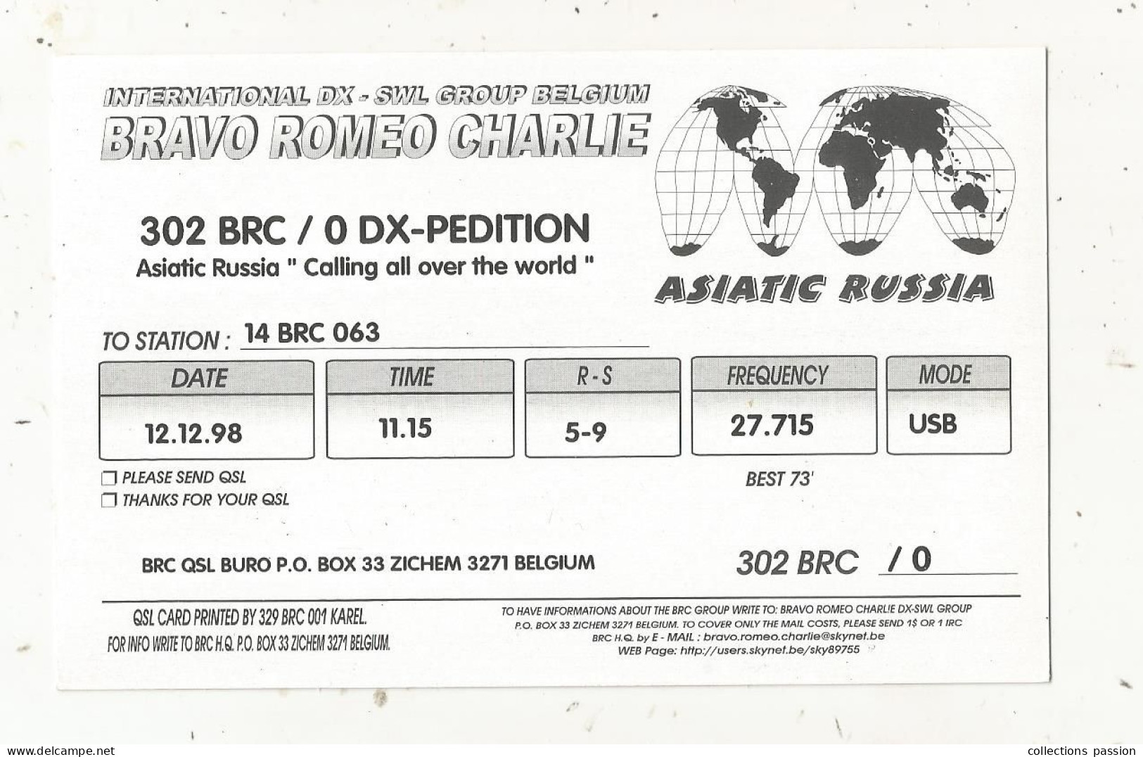 Cp , Carte QSL ,  BRAVO ROMEO CHARLIE, International DX - SWL Group Belgium, ASIATIC RUSSIA,  2 Scans - Radio Amatoriale